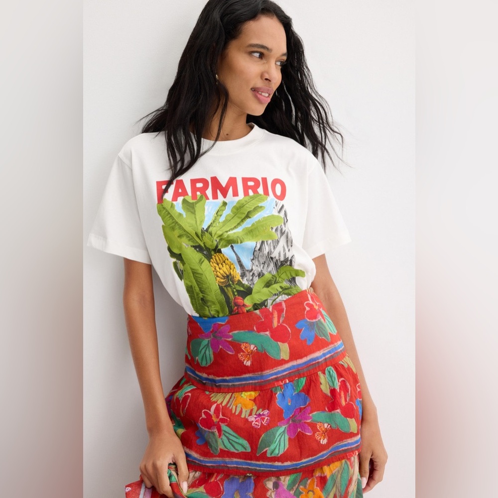 FARM Rio White Graphic Tropical Tee with Red Logo